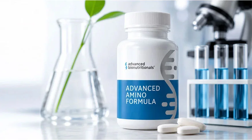 Bottle of Advanced Amino Formula essential amino acid capsules
