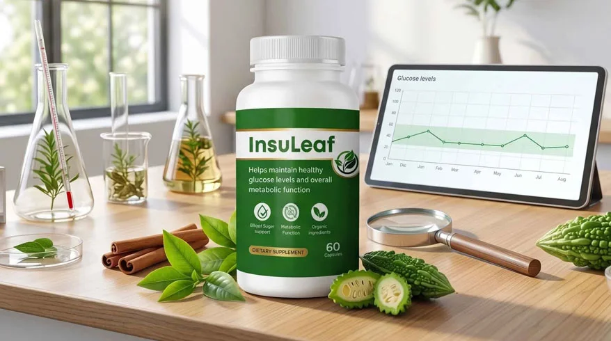 Bottle of InsuLeaf blood sugar support capsules next to a supplement facts label being audited